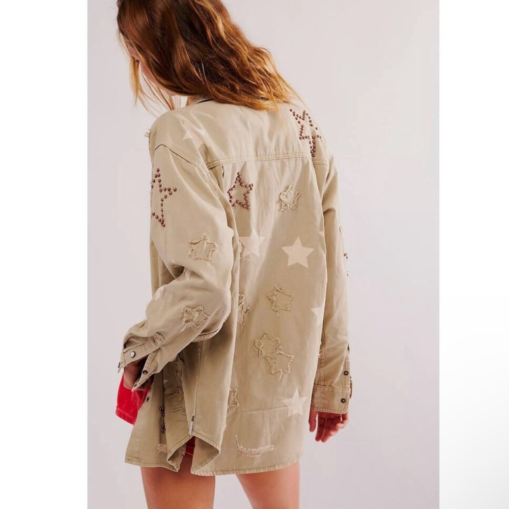 Free People X One Teaspoon patchwork Embroidered Star sage Tan Jacket MSRP $178 - Picture 2 of 3